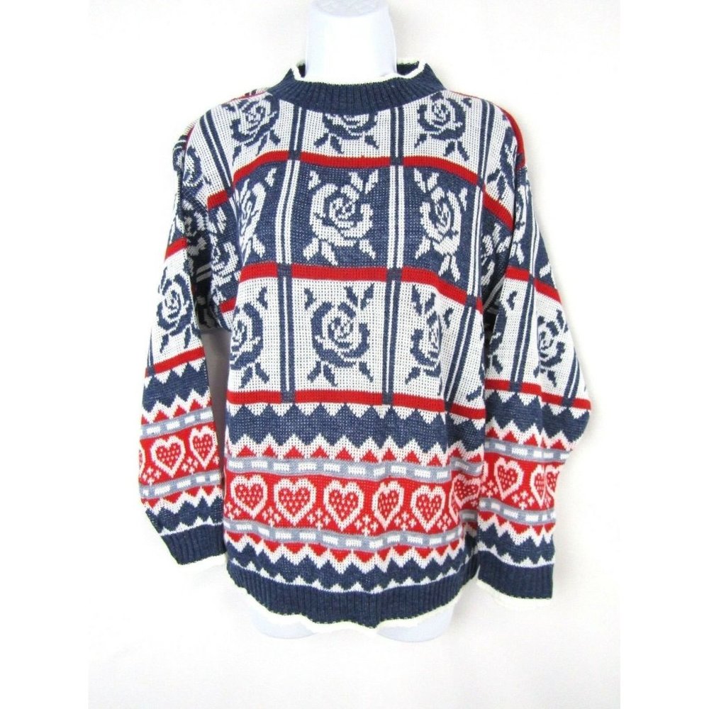 Hot Cashew Vintage Sweater 90's Roses Valentines Print USA Retro Vintage Large